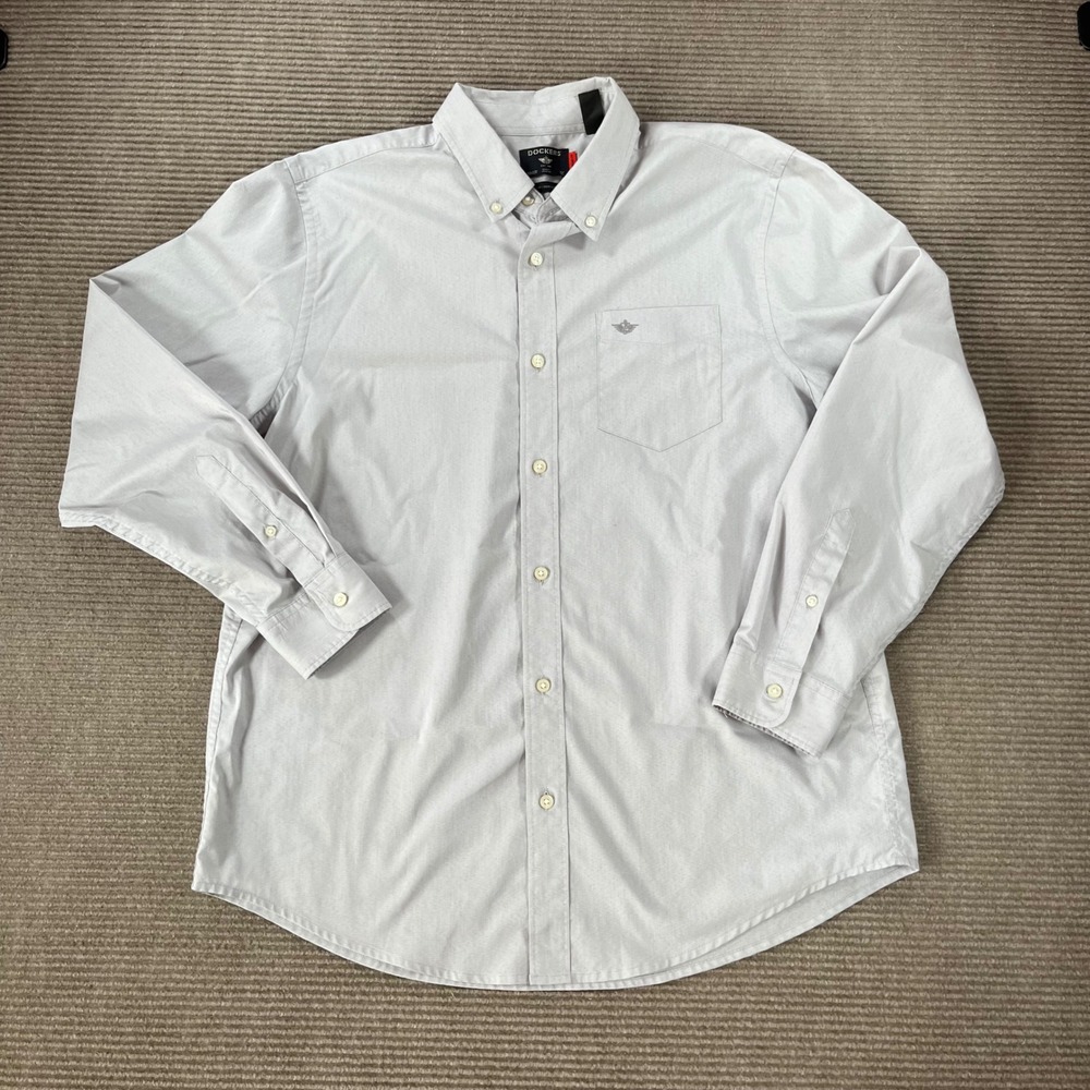 Dockers Mens No Wrinkle Classic Fit Button Down Shirt Light Gray L Long Sleeve